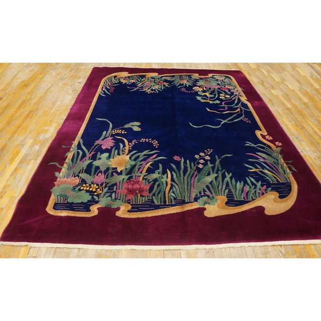 1920s Chinese Art Deco Carpet ( 8' 9" x 11' 5" - 266 x 348 cm ) Antique Chinese – Art Deco Room Size Wool Blue Rug, Circa...
