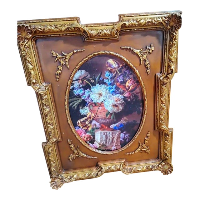 1990s French-Inspired Floral Still Life Wall Art – Colorful Flower Arrangement With Ornate Carved Wood & Gold Leaf Frame For Sale