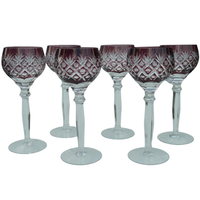 A gorgeous set of 6 midcentury handblown clear and deep ruby crystal stemware elegantly hand-cut with fine textured...