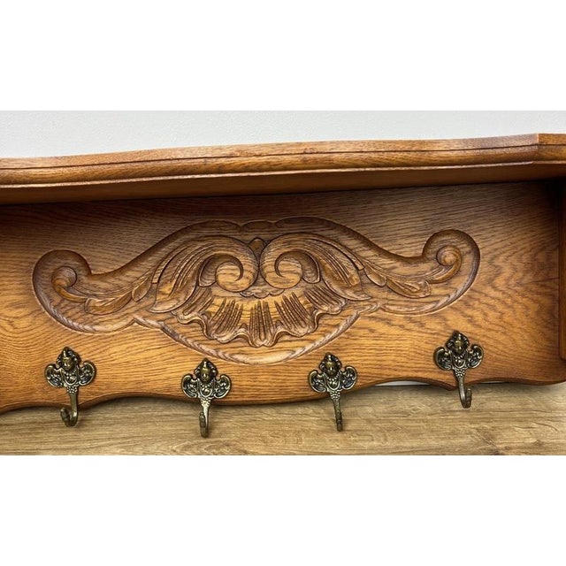 Vintage French Oak Wall-Mounted 4-Hook Coat Rack For Sale - Image 4 of 12