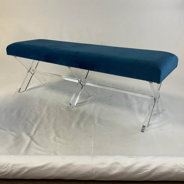 1980s Contemporary Modern Lucite X-Base Bench, Newly Upholstered in Velvet. For Sale - Image 10 of 10