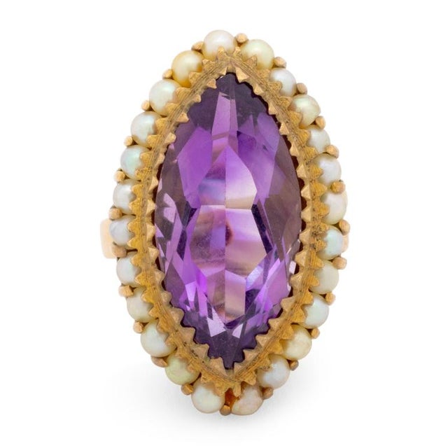 Contemporary 14k Yellow Gold, Amethyst and Pearl Ring For Sale - Image 3 of 5