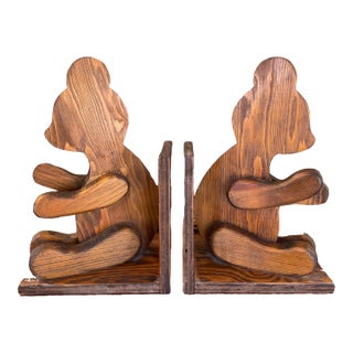 1970s Style Hand-Carved Wooden Bear Bookends - Rustic Folk Art Cabin Decor- Set of 2 For Sale