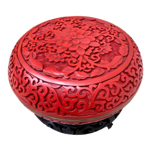 Antique Chinese 6” Carved Peony Cinnabar & Brass Lacquer Box in Mint Condition