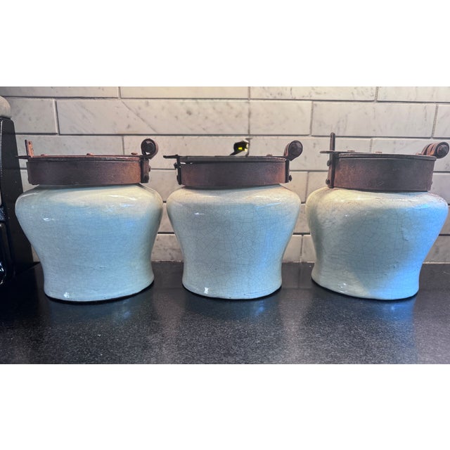 Three Mexican Talavera Style Glazed Pottery Canisters With Iron Hinged Lids For Sale - Image 10 of 11