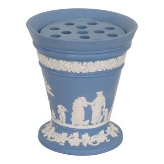Wedgwood England Jasperware Blue Cameo Footed Vase With Flower Frog For Sale