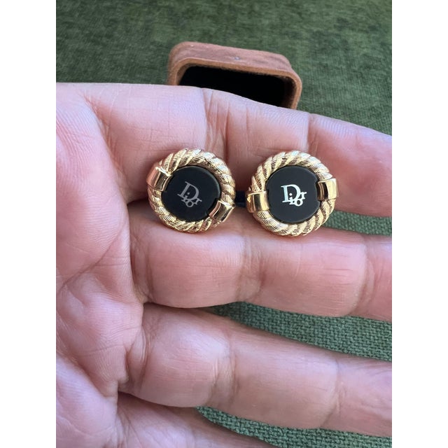 Rare Gold Plated & Onyx Vintage Art Deco Christian Dior Cufflinks In Lux Case For Sale In New York - Image 6 of 9