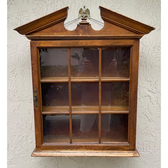 Vintage Solid Wood Hanging Wall Cabinet / Curio & Brass Eagle Finial For Sale - Image 17 of 17