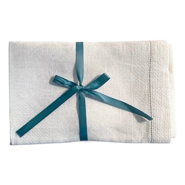 Vintage French Linen Damask Towel with Woven Diamond Motif and Hemstitch Border For Sale