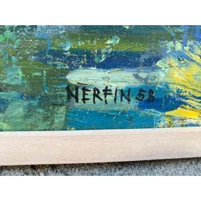 Jean Nerfin Oil on Canvas Canadian, born 1922 Landscape in the Mid-Century Modern Paris School style. Painting in nice...