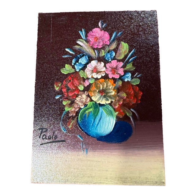 Vintage Oil Painting on Board - Floral/Flower Arrangement Signed Paolo For Sale