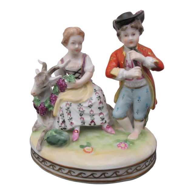Dresden Couple With Flute Player & Goat Porcelain Figurine For Sale