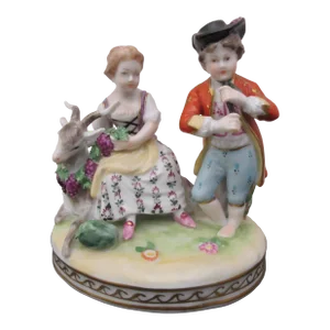 Dresden Couple With Flute Player & Goat Porcelain Figurine