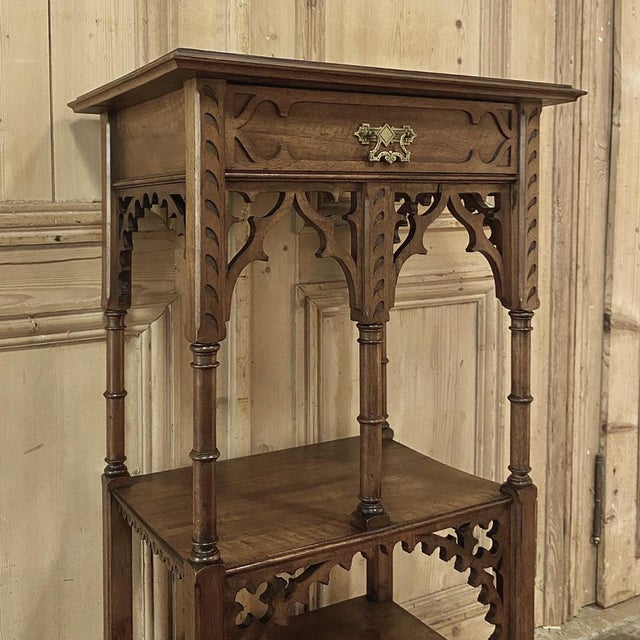 Wood 19th Century French Walnut Gothic Pedestal ~ Etagere End Table For Sale - Image 7 of 15