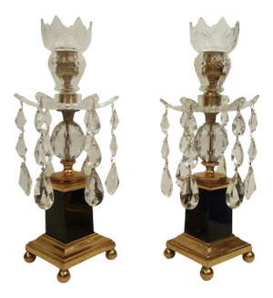 George III Style Gilt Bronze Cobalt Blue Glass and Crystal Candlesticks - A Pair