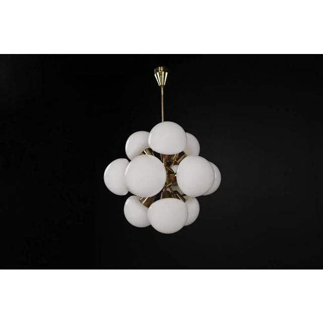 Gold Mid-Century Modern Sputnik Chandelier in Brass and Opaline Glass, Cz, 1970s For Sale - Image 8 of 14