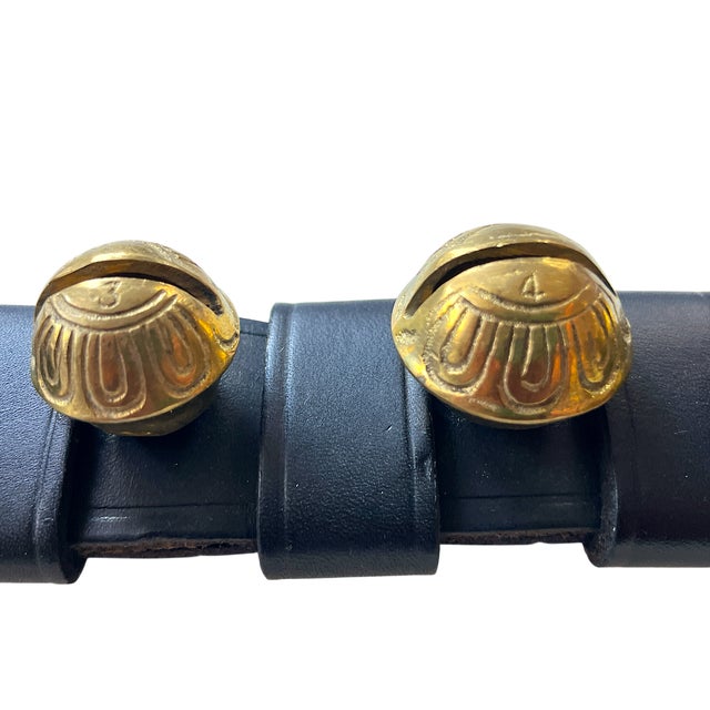 Ralph Lauren Vintage Amish Moses Smucker Seven Brass Sleigh Bells on Black Leather Strap Door Hanger For Sale - Image 4 of 8