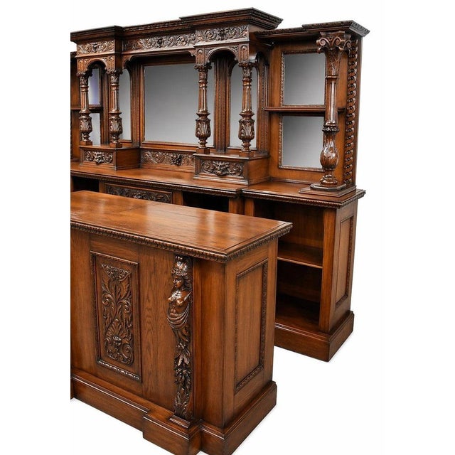 Victorian Hand-Carved Oak Front and Back Pub Bar, 1980 For Sale - Image 10 of 12