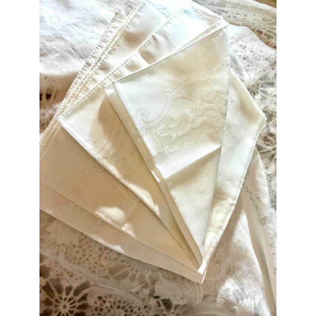 1960s Vintage White Damask - Organza Napkin Set of 7 Woven Floral and Scroll Pattern White For Sale - Image 5 of 12