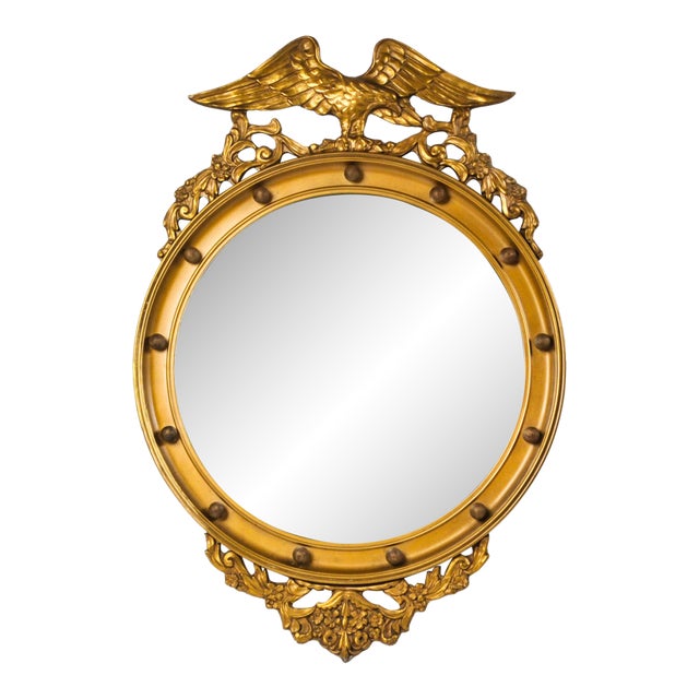 Large Antique Federal Eagle Convex Mirror Giltwood Bullseye Butler Mirror Circa 1920s For Sale