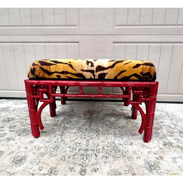 1970s Vintage Chinoiserie Red Ottoman With Tiger Fabric Upholstery For Sale - Image 4 of 12