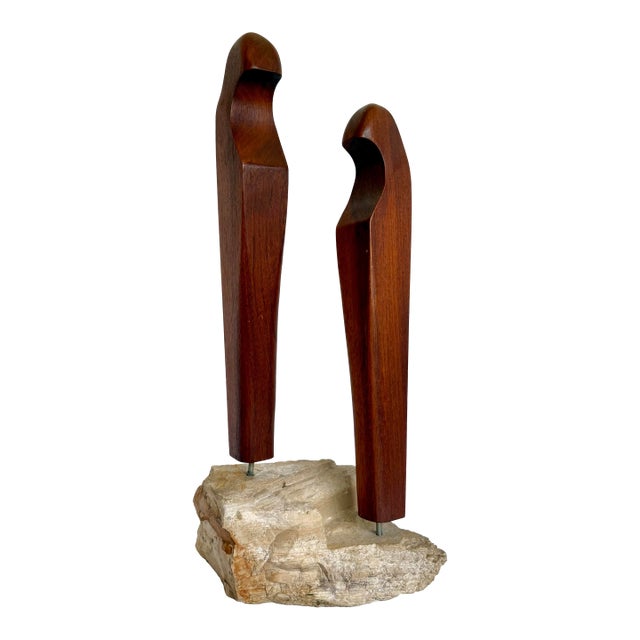 Signed Modernist Abstract Wood Figures Sculpture on Stone Base For Sale
