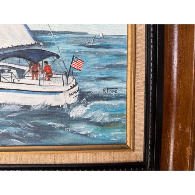 1970s Vintage R. Fisher Sailboat Oil on Canvas Painting – Framed For Sale - Image 10 of 12