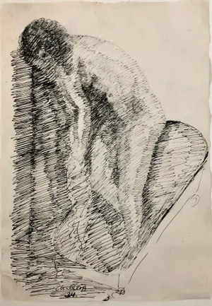 Chana Orloff, French Israeli Art Deco Nude Ink Drawing Woman Bathing School of Paris, 1934