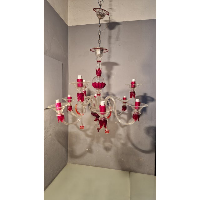 Chandelier in Transparent and Ruby ​​red Glass in Galliano and Murano Iron For Sale - Image 10 of 18