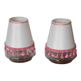 1970s Pair Silk Lamp Shades With Pink Fringes For Sale