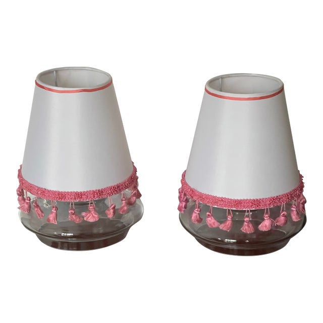 1970s Pair Silk Lamp Shades With Pink Fringes For Sale
