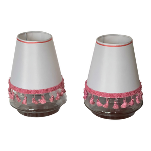 1970s Pair Silk Lamp Shades With Pink Fringes