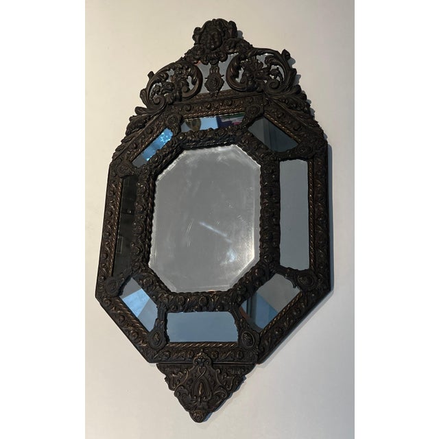 French Mirror with Closed Pares in Repoussé Copper Decorated with Garlands of Flowers For Sale - Image 3 of 12
