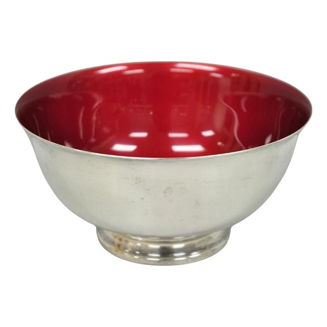 Vintage Mid Century Modern Reed & Barton 104 Silver Plated Red Enamel Bowl For Sale