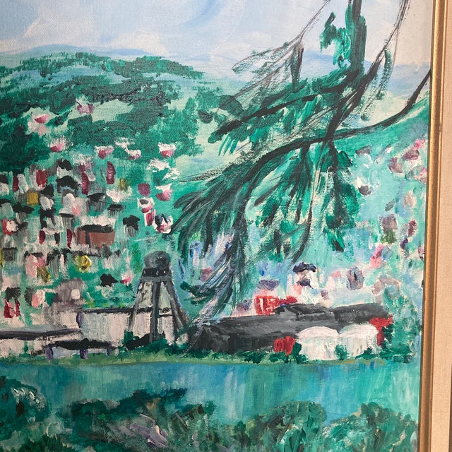 Textile Mid-Century Expressionist Hillside Landscape Oil Painting – Framed For Sale - Image 7 of 12