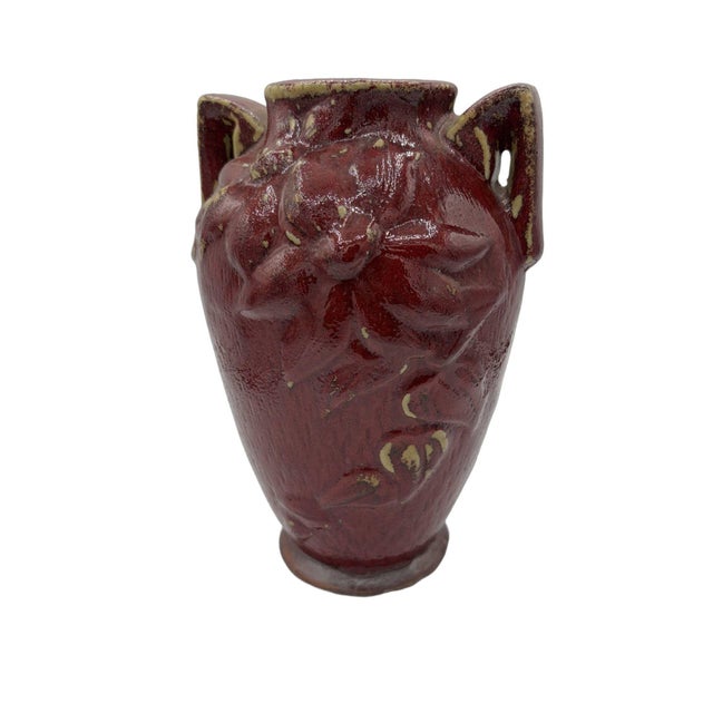 1960s 1960s Red Art Pottery Vase With Dual Handles & Sculpted Floral Relief For Sale - Image 5 of 9