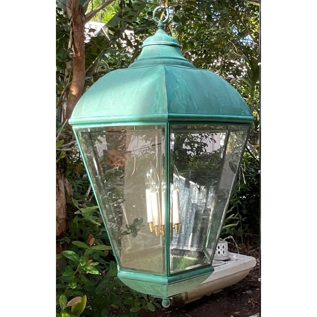 Large Vintage Solid Brass Hanging Lantern Chandelier / 34” H X 21” W For Sale In Miami - Image 6 of 18
