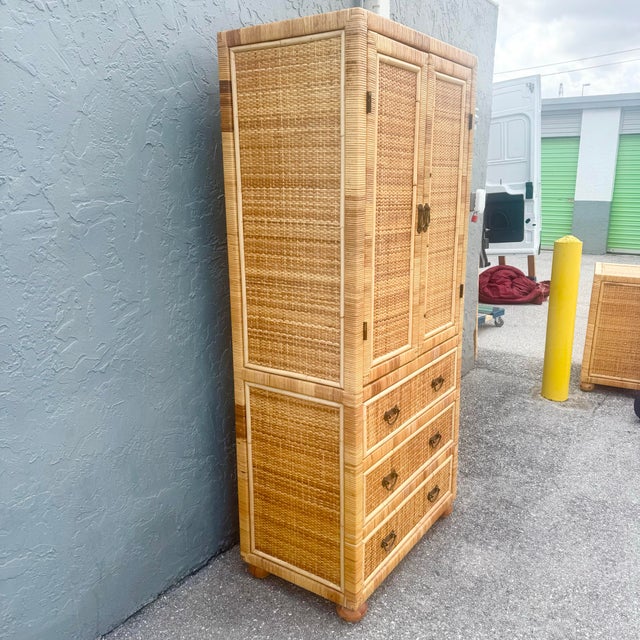Wood Boho Chic Wicker Wrapped Rattan Armoire For Sale - Image 7 of 7