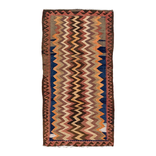 1960s Vintage Turkish Kilim Multicolor Handmade Geometric Wool Rug For Sale