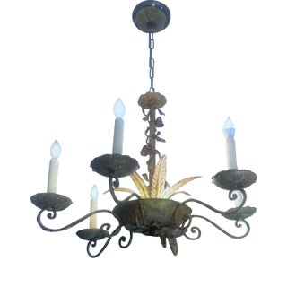 Vintage Italian Tole 6-Arm Scroll Chandelier With Gilt Accents For Sale