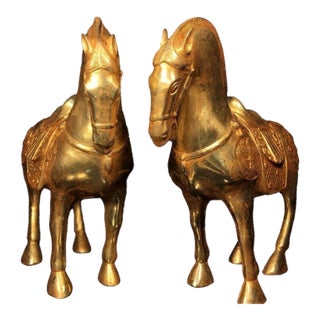 Pair of Vintage Chinese Gilt Bronze Horse Figures – Tang Style Saddled Horses For Sale