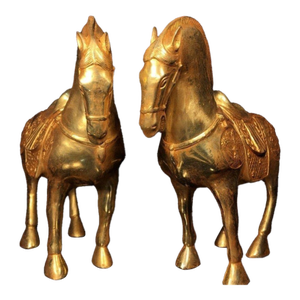 Pair of Vintage Chinese Gilt Bronze Horse Figures – Tang Style Saddled Horses