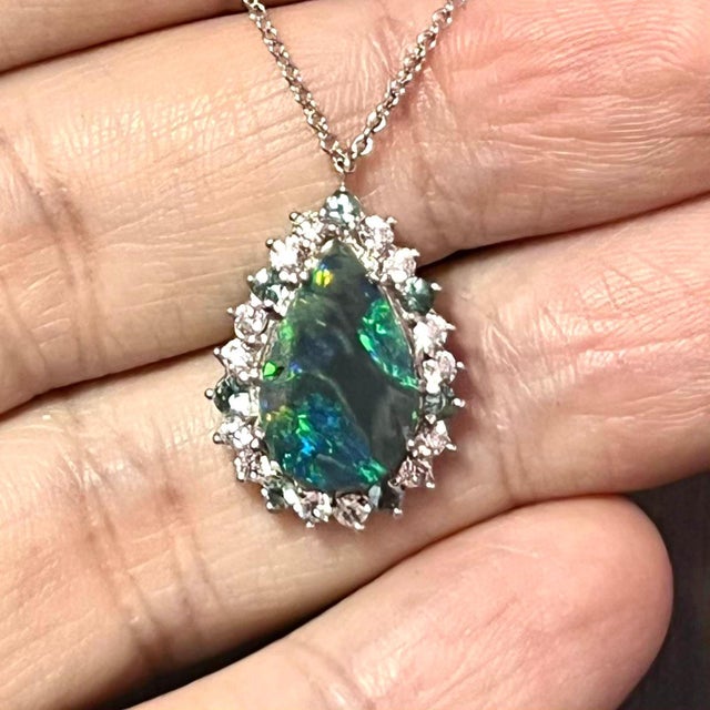 Traditional Natural Opal Diamond Pendant W/ Gold Chain 3.25 TCW GIA Certified For Sale - Image 3 of 12