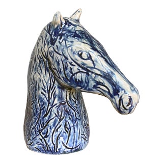 Horse Head in Blue, Ceramic, Sculpture, Scraffito For Sale