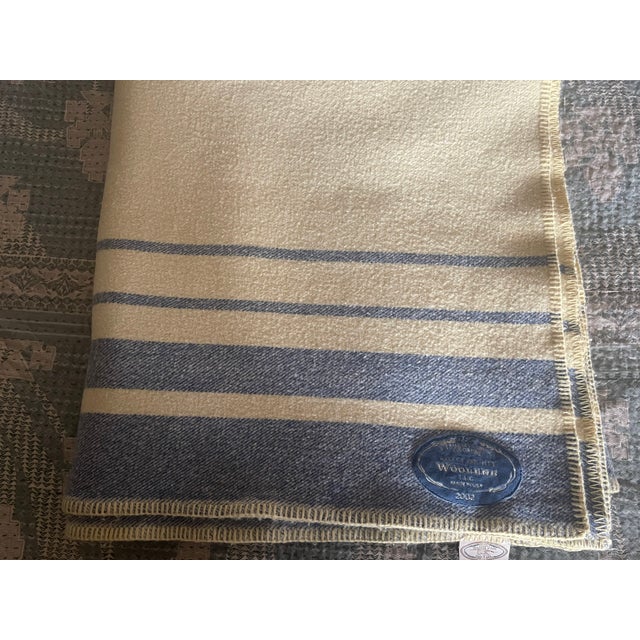 Textile Vintage Routt Co Woolen Mills Queen Size Yellow Blue Stripe Blanket - 82" X 94" For Sale - Image 7 of 7