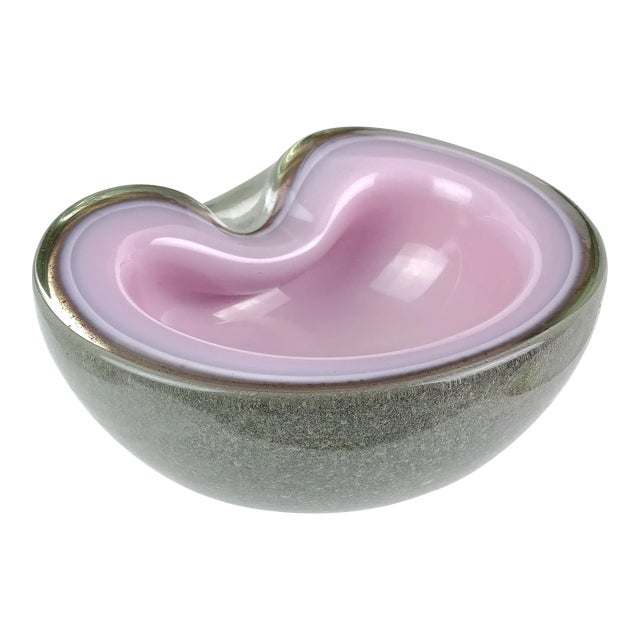 Murano Vintage Pink Gray Pulegoso Bubble Layers Italian Art Glass Mid Century Bowl Vide Poche For Sale