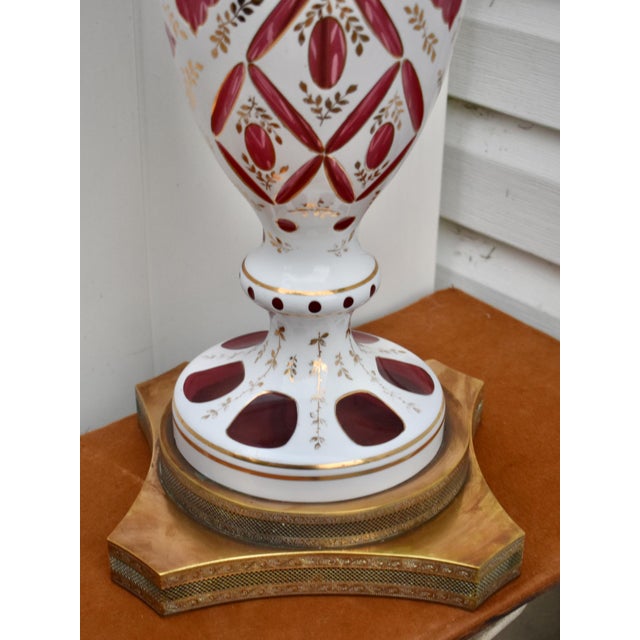 1960s Cranberry Glass and Brass Lamp Vintage Table Bohemian Czech Hand Painted For Sale - Image 5 of 18