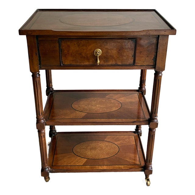 Late 20th Century Traditional Inlaid Mahogany Occasional Table With Drawer & Brass Casters For Sale