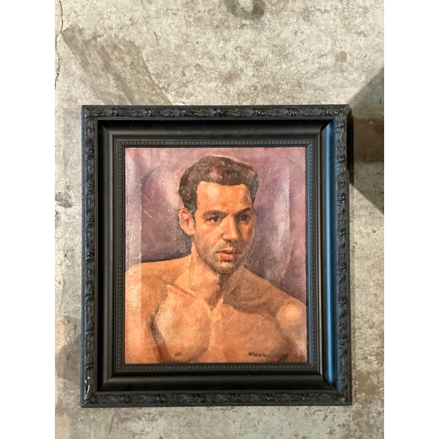 Mid 20th Century Vintage Boho Original Oil Portrait of Man on Canvas For Sale - Image 5 of 8
