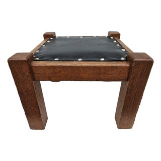 Square Mission Arts and Crafts Black Leather and Oak Footstool For Sale